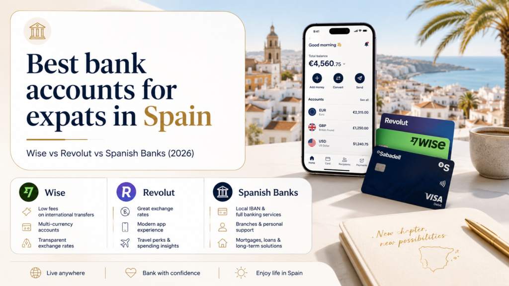 Best bank accounts for expats in Spain: Wise vs Revolut vs Spanish Banks shown in a light and modern comparison image for expats in Spain
