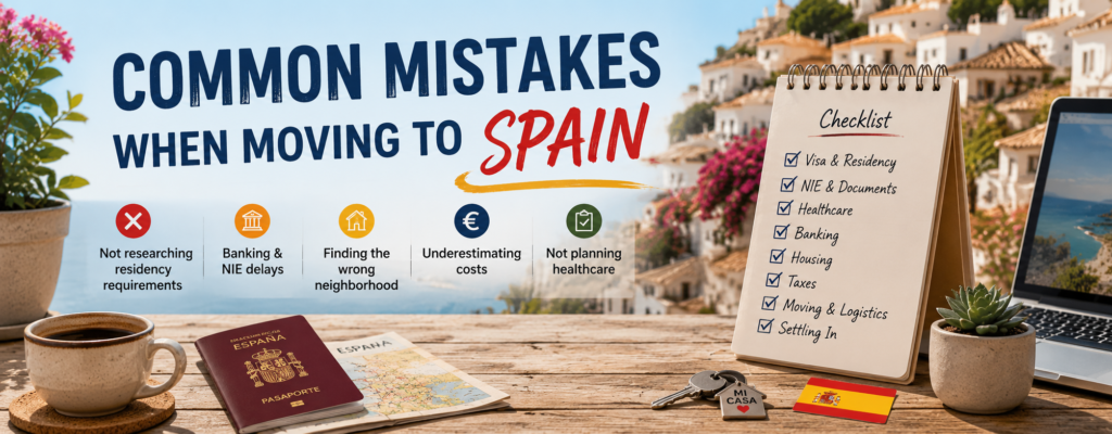 Common mistakes when moving to Spain banner with checklist, passport, coffee, laptop and a sunny Spanish village background.