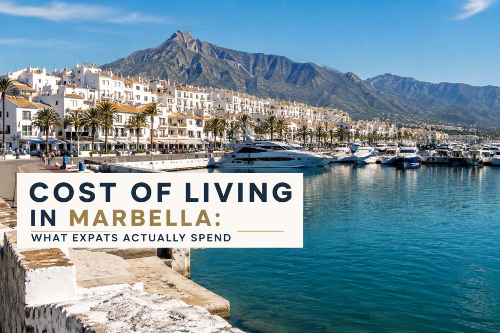 Cost of Living in Marbella: What Expats Actually Spend with Puerto Banus marina, La Concha mountain, yachts and white Mediterranean buildings in Marbella
