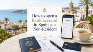 How to open a Bank account in Spain as a Non-Resident shown in a light and modern featured image with passport, bank card, smartphone and Spanish coastal background