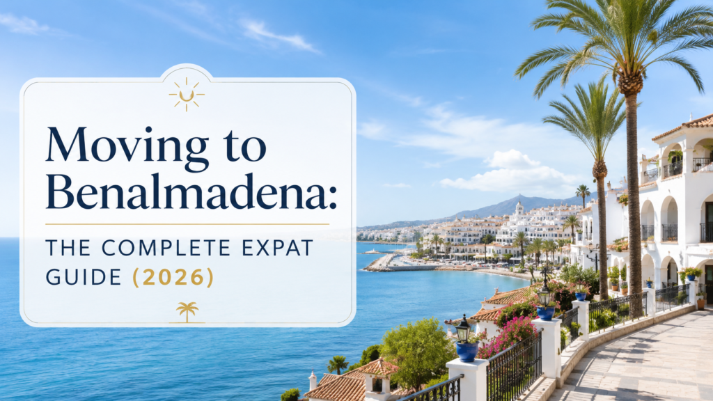 Moving to Benalmadena: The Complete Expat Guide (2026) with sunny Costa del Sol sea views, palm trees and white Mediterranean buildings