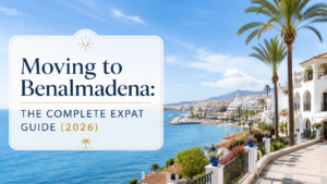 Moving to Benalmadena: The Complete Expat Guide (2026) with sunny Costa del Sol sea views, palm trees and white Mediterranean buildings