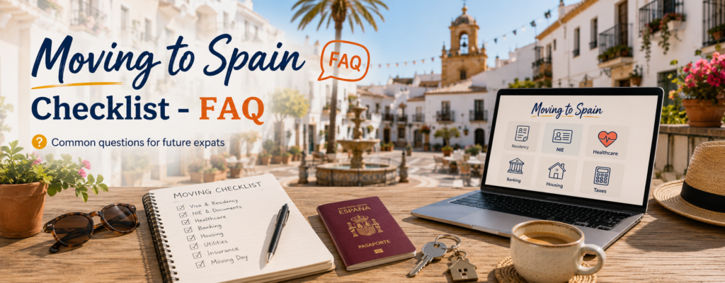 Moving to Spain checklist - FAQ banner with relocation checklist, passport, laptop, coffee and sunny Spanish town background.