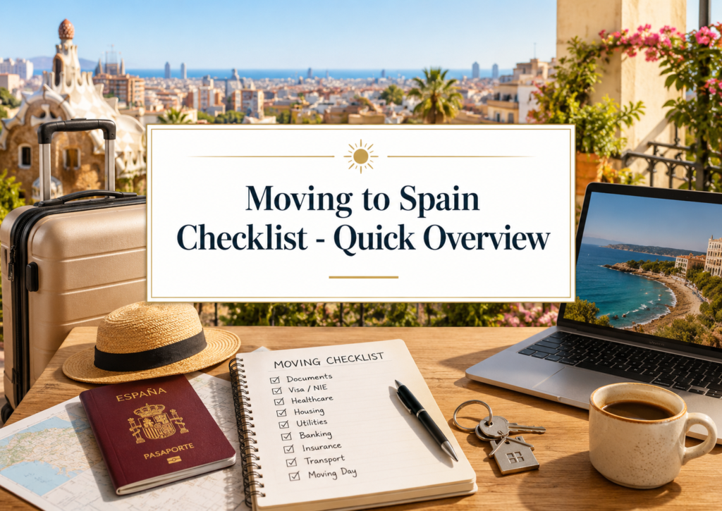 Moving to Spain checklist - quick overview with passport, suitcase, checklist, keys and Spanish city view.