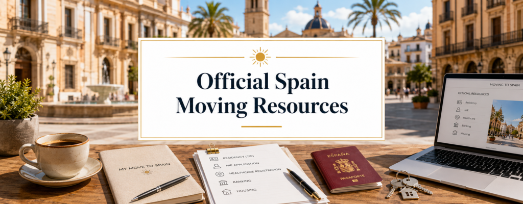 Official Spain moving resources banner with Spanish passport, laptop, paperwork, keys and a sunny plaza background.
