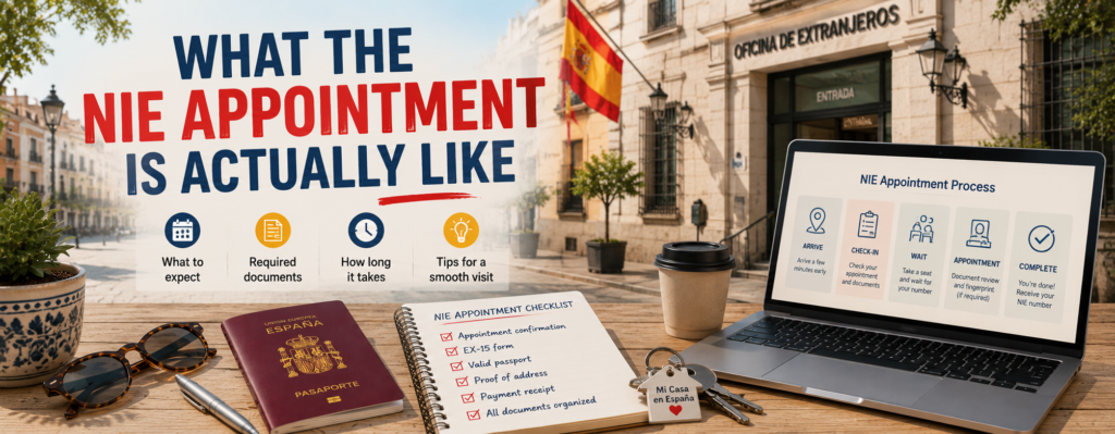 What the NIE appointment is actually like banner showing Spanish passport, appointment checklist, laptop, coffee and Spanish government office setting for expats in Spain.