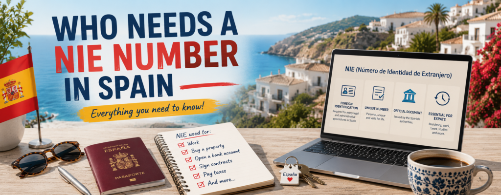 Who needs a NIE number in Spain banner showing Spanish passport, laptop, checklist, keys and coastal Spain background for expat residency and relocation guide.