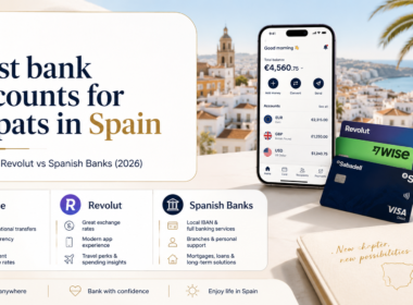 Best bank accounts for expats in Spain: Wise vs Revolut vs Spanish Banks shown in a light and modern comparison image for expats in Spain