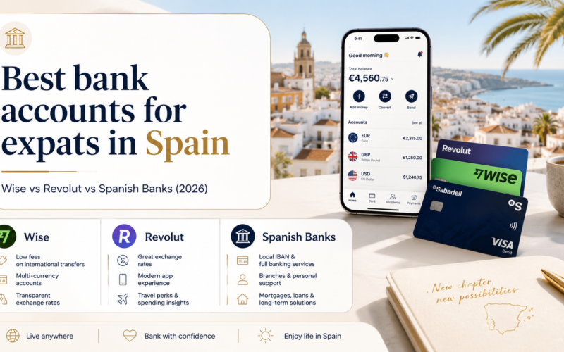 Best bank accounts for expats in Spain: Wise vs Revolut vs Spanish Banks shown in a light and modern comparison image for expats in Spain