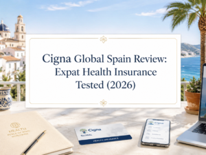 Cigna Global Spain Review: Expat Health Insurance featured image in a light and modern Spain-themed setting with health insurance documents and digital tools