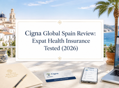Cigna Global Spain Review: Expat Health Insurance featured image in a light and modern Spain-themed setting with health insurance documents and digital tools
