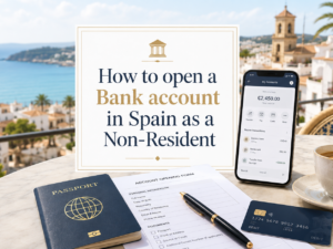 How to open a Bank account in Spain as a Non-Resident shown in a light and modern featured image with passport, bank card, smartphone and Spanish coastal background