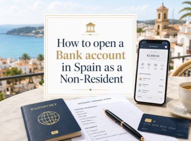 How to open a Bank account in Spain as a Non-Resident shown in a light and modern featured image with passport, bank card, smartphone and Spanish coastal background