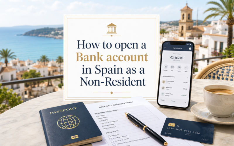 How to open a Bank account in Spain as a Non-Resident shown in a light and modern featured image with passport, bank card, smartphone and Spanish coastal background