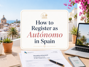 How to Register as Autónomo in Spain shown in a light and modern featured image with paperwork, laptop, smartphone