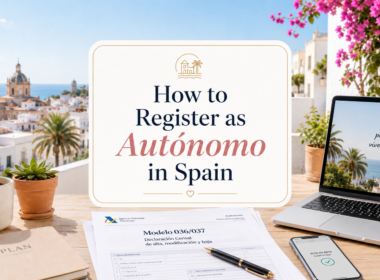 How to Register as Autónomo in Spain shown in a light and modern featured image with paperwork, laptop, smartphone