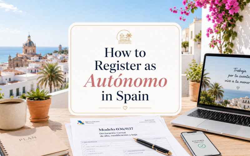 How to Register as Autónomo in Spain shown in a light and modern featured image with paperwork, laptop, smartphone