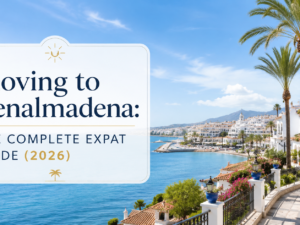 Moving to Benalmadena: The Complete Expat Guide (2026) with sunny Costa del Sol sea views, palm trees and white Mediterranean buildings