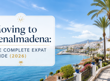 Moving to Benalmadena: The Complete Expat Guide (2026) with sunny Costa del Sol sea views, palm trees and white Mediterranean buildings