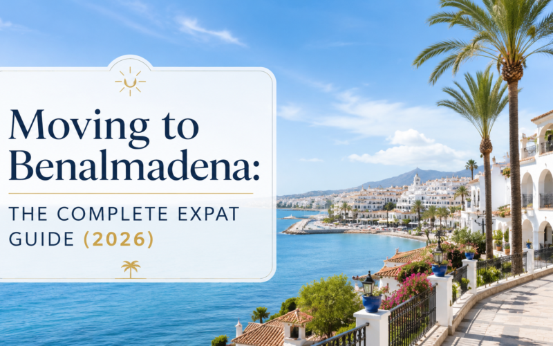 Moving to Benalmadena: The Complete Expat Guide (2026) with sunny Costa del Sol sea views, palm trees and white Mediterranean buildings